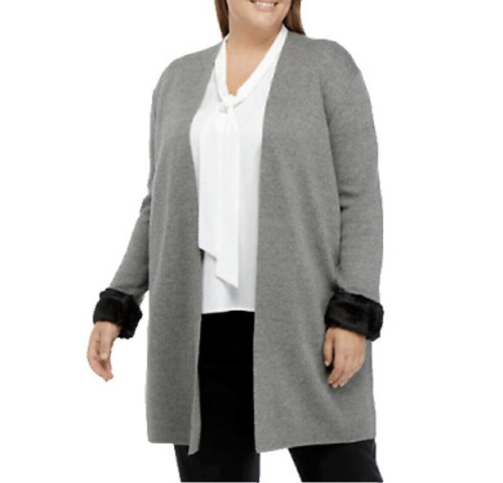 Kasper Cardigan Women Size 2X Faux Fur Cuff Gray Black New w/ Tags Cotton Blend